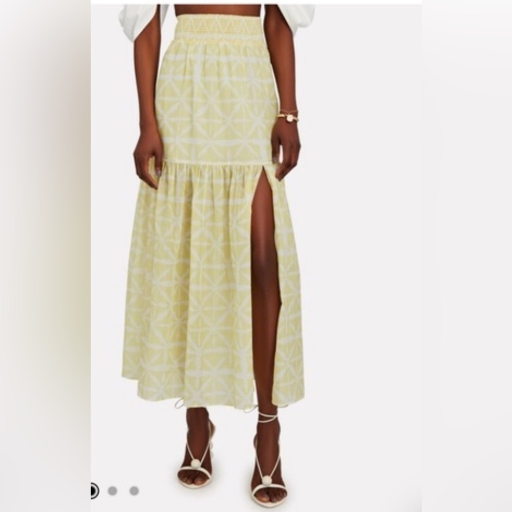 Intermix Adeline Printed Tiered Midi Skirt Yellow and White.